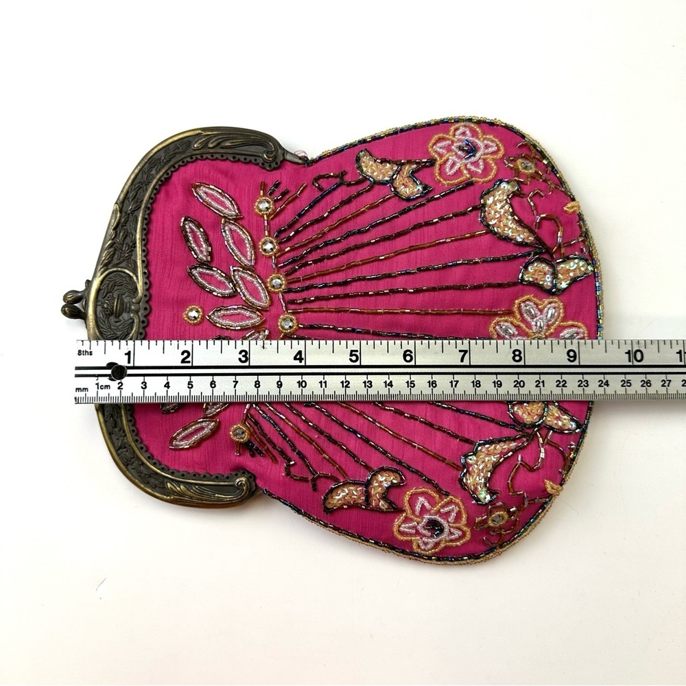 Vintage Pink Beaded Evening Bag Gold Frame Chain Strap Art Deco Glam - Picture 4 of 8